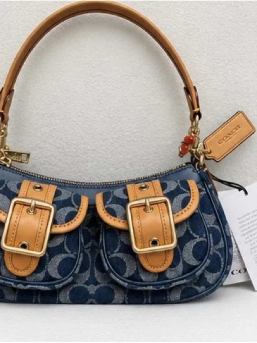 Coach Navy Signature Canvas Shoulder Bag with Tan Leather Strap